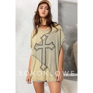 POL Olive Two Tone Studded & Embroidered Cross Top